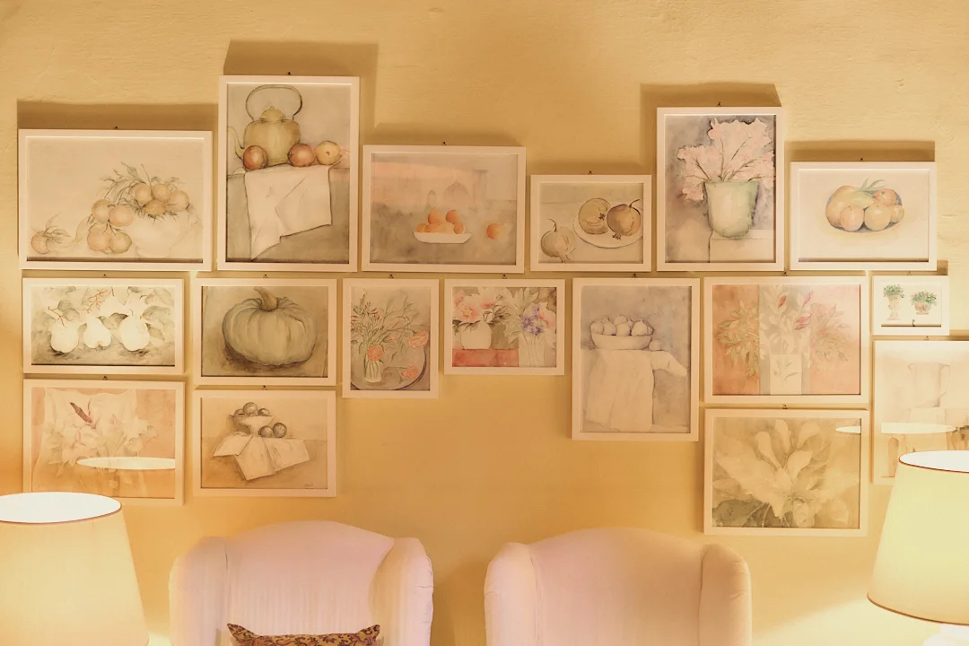 Collection of botanical artworks inside Villa Niccolai
