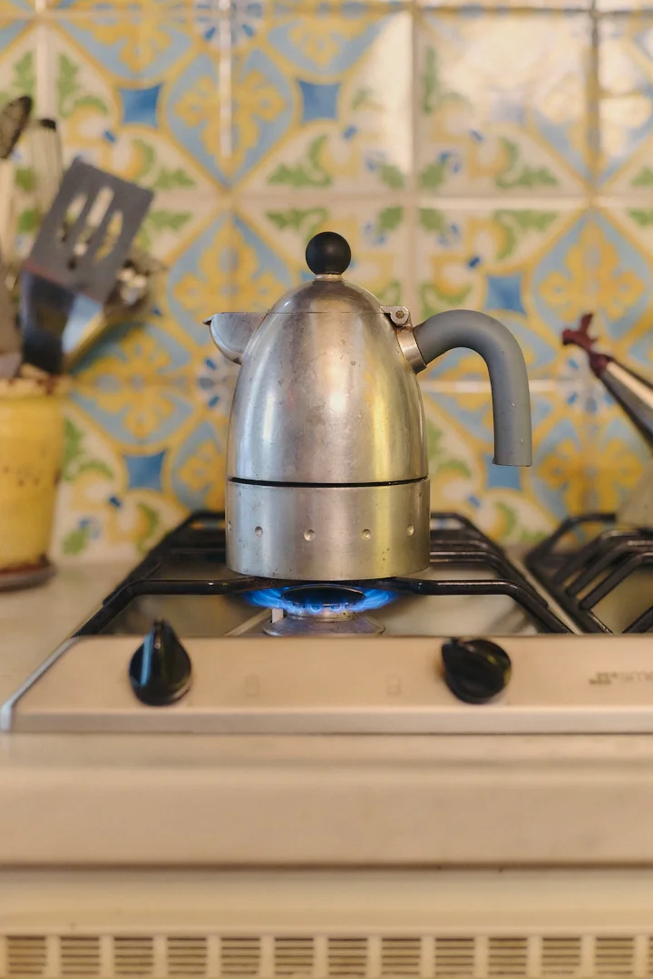 Italian coffee maker in the historic kitchen of Villa Niccolai